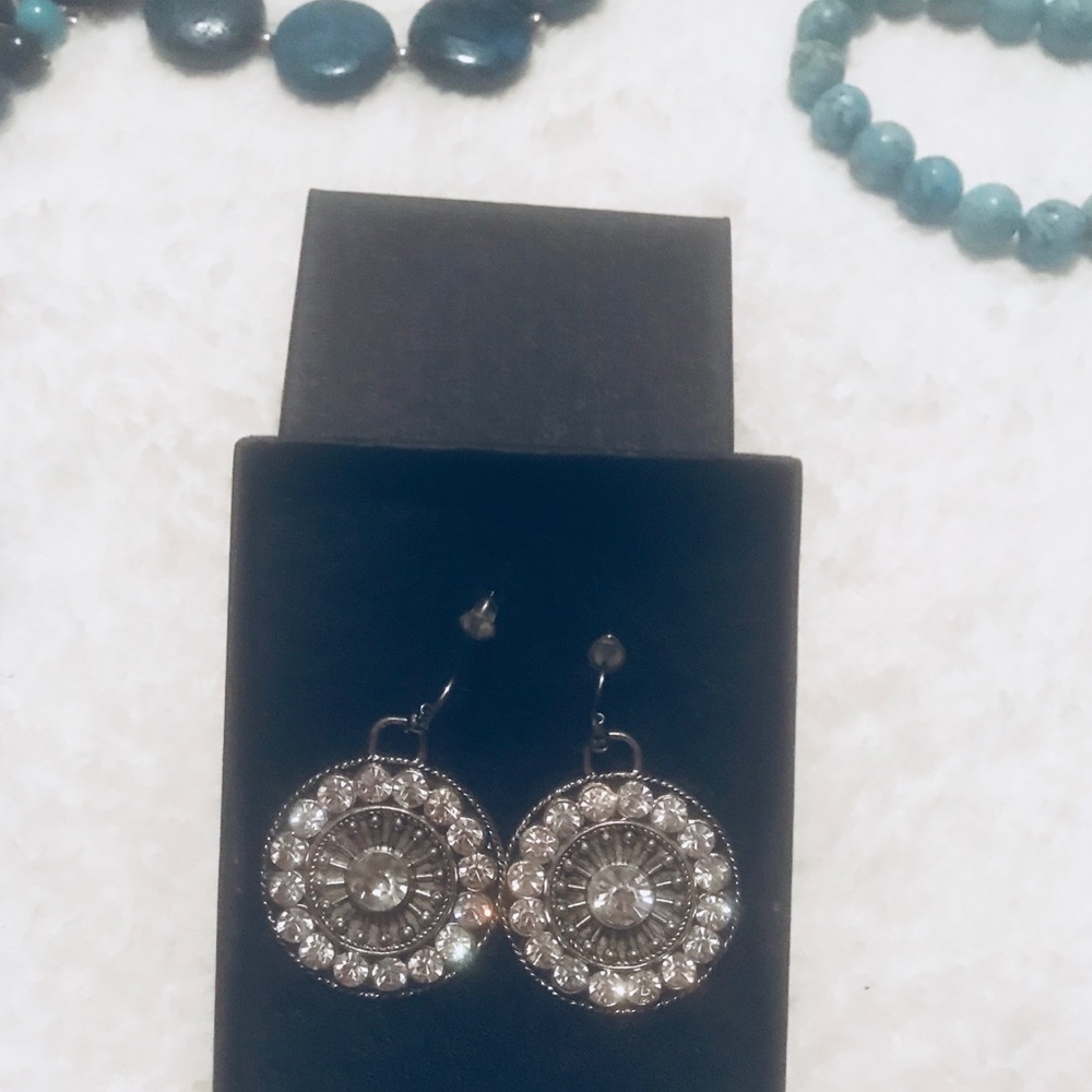 Large Silver Disc Crystal Dangle Earrings - image 4